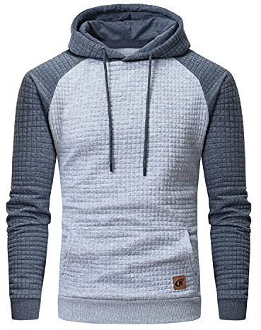 YuKaiChen Herren Kapuzenpullover Casual Langarm Karierten Kordelzug Jacquard Hooded Sweat mit Fleece Innenseite Hellgrau/Grau L