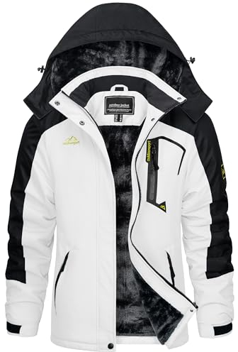 KEFITEVD Winterjacke Damen Warm Funktionsjacke Wasserabweisend Langarm Stehkragen Übergangsjacke mit Zip Taschen zum Snowboarden Skijacke Weiß-Schwarz L