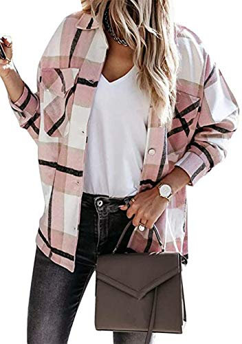 EFOFEI Damen Karo Muster Overshirt mit Plaid Button-down Freizeit Blusenshirt Hemdjacke Holzfällerjacke Elegant Kariert Revers Outwear Rosa XL