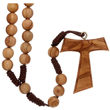 Holyart Zehn Rosenkranz Olivenholz Tau - Halskette - Unisex - Braun - Perlen - Klassisch - 590 Perlen - 25 cm - Weiß - Holz - Kugelform - Band - Taufe - Alle