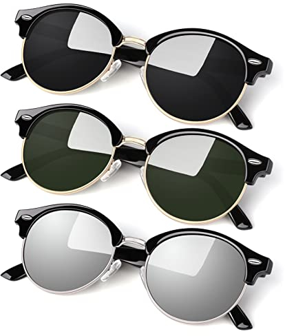 LINVO Polarisiert Sonnenbrille Herren Damen Retro Rund Klassisch Halbrahmen 100% UV400 für Reisen, Fahren und Angeln