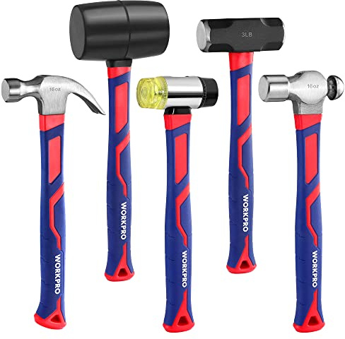 WORKPRO 5‑Piece Hammer Set with Forged Polished Steel & Rubber Heads, Fiberglass Handle - 32oz Rubber Mallet | 16oz Claw & Ball-Peen Hammers | 3lb Sledge | 22oz Double-Faced Mallet