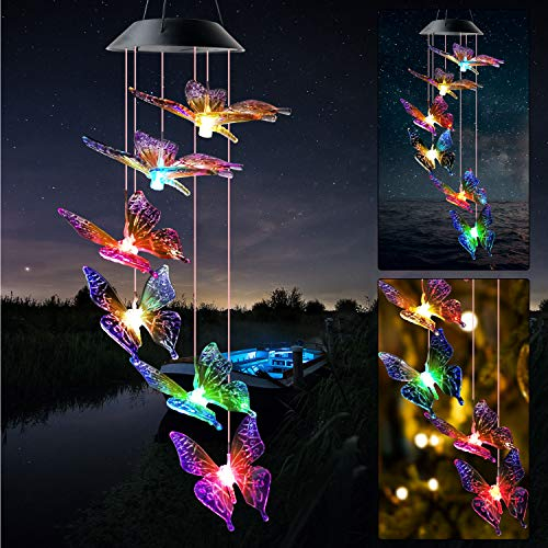 JIAUFU Schmetterling deko windspiele, Geschenke für Frauen, Mütter und Kinder, LED Hängeleuchte Solarleuchten,draußen hängend Garten deko, Hof, Terrasse und Heimdekorat