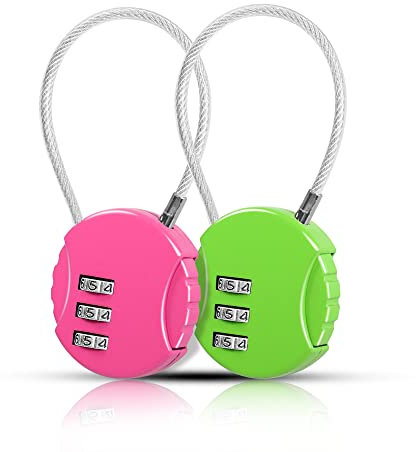 YAODHAOD Cadenas à combinaison à 3 chiffres, 2 verrous à câble pour bagages, serrures de poussette, cadenas approuvés par les voyages, le vélo, le sac à dos, l'armoire(13,5 cm, rose + vert)