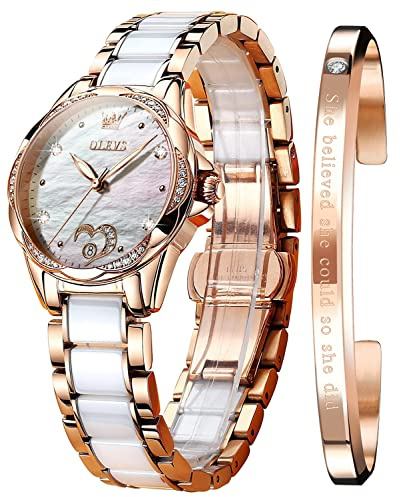 OLEVS Women Automatic Mechanical Watches Self Winding Rose Gold Two Tone Ceramic Strap Diamond Love Heart Dial Fashion Elegant Dress Ladies Wrist Watches Waterproof Luminous