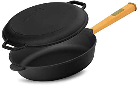 4BIG.fun Gusseisenpfanne 24 cm mit Deckel-Bratpfanne Gußeisenpfanne 62 mm hoch Holzgriff abschraubbar Gusseiserne Bratpfanne für Gasgrill, Backofen, Feuerstelle, alle Herdarten inkl. Induktion