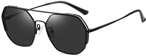 SHES Double Bridge Polygon Polarisierte Sonnenbrille für Frauen Designer Klassische Sonnenbrille Hexagon Frame Shades SH3016 (Schwarz Rahmen Grau Linse)