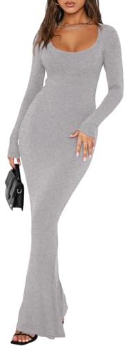 REORIA Womens Sexy Casual Square Neck Long Sleeve Soft Lounge Long Dress Fall Wedding Guest Formal Ribbed Bodycon Maxi Plus Size Dresses Light Grey X-Large