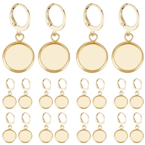 Beebeecraft 1 Box 30Pcs Leverback Earring Findings 18K Gold Plated Stainless Steel French Ear Wires Hooks Flat Round 12mm Bezel Trays Base Earring Cabochon Settings for DIY Earrings Jewellery Making
