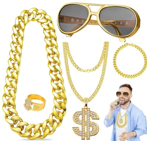 5 Stück Hip Hop Kostüm Set,Boombox Golden Baseball Cap Personalisiert Goldene Dollar Kette Brille Armband & Ring,Karneval Kostüm Herren 80er 90er Jahr Rapper Zubehör für Fasching Karneval (gold-2)