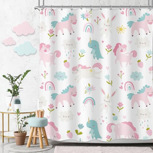 Ufeela Rideau de douche pour enfants filles arc-en-ciel dinosaure dinosaure dinosaure animal dessin animé mignon cheval fleur rose 152,4 x 183 cm joli lapin ensemble de salle de bain princesse rideau