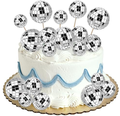 Cake Topper Geburtstag Disco, 22 Stück Tortendeko Silber Discokugel Kuchen Deko Torten Deko für 70/80/90er Disco Tanz Mottoparty Dekorationszubehör