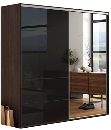BM-Möbel Großer Kleiderschrank mit Schiebetür aus Glas/Lacobel und Spiegel - mit Einlegeböden und Kleiderstange für Garderobe - 2-türig - Schokolade, Lacobel Schwarz - 125 X 62 X 215 cm (B/T/H)