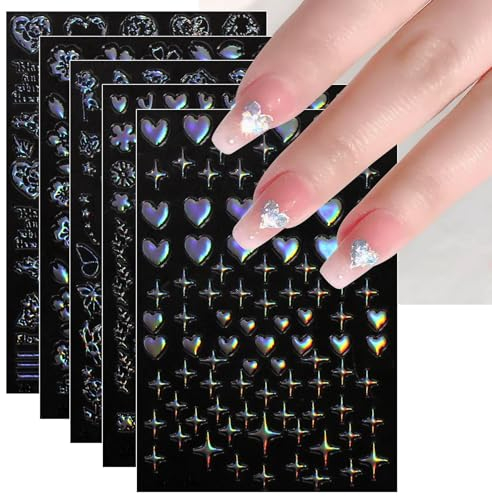 JMEOWIO 12 Sheets Aurora Star Heart Nail Art Stickers Decals Self-Adhesive Colorful Nail Supplies Nail Art Design Decoration Accessories