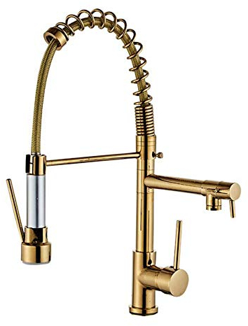 Grifos de cocina Grifo mezclador de fregadero de cocina de 3 vías Grifo de cocina de rotación de 360 ​​° de agua pura caliente y fría de doble salida de resorte grande extraíble dorado