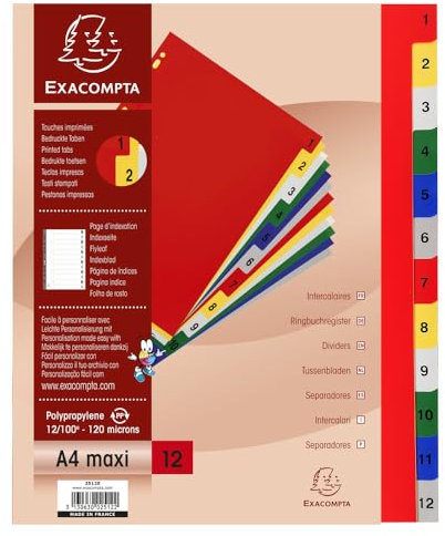 Exacompta - Ref. 2512E - Karton mit 20 Registern aus Polypropylen mit 12 digital bedruckten Registern von 1 bis 12 in Farbe - Indexseite bedruckbar - für A4 Maxi - Maße 24,5 x 29,7 cm