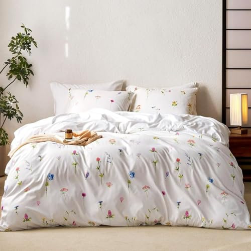 Tospass Blumen Bettwäsche 200x220 cm Weiß Bunt Blätter Pflanzen Muster Bettwäsche Set Floral Bettbezug Mikrofaser Wende Bettwäsche 1 Deckenbezug mit Reißverschluss 2 Kissenbezug 80x80 cm