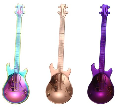 POFET Ensemble de cuillères à Guitare colorées, Ensemble de 3 cuillères à Dessert en Acier Inoxydable