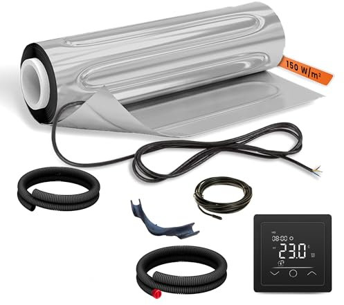 EH Expert AluPROFI -150 W/m²- 3 m² - - Heizmatten-Set für schwimmende Bodenbeläge – Elektrische Fußbodenheizung für Vinyl, Laminat, Parkett – mit Touch-Thermostat und Installationsmaterial (Schwarz)