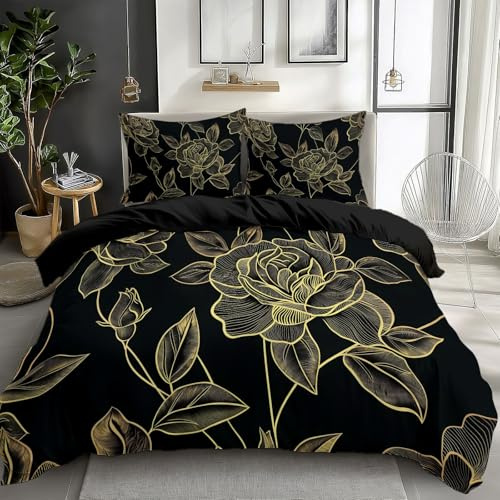 Luxury 3 Piece Reversible Duvet Cover Set Gold Rose Floral Bedding Set Soft Microfiber Quilt Covers Set with 2 Pillowcases Machine Wash (Black Double)