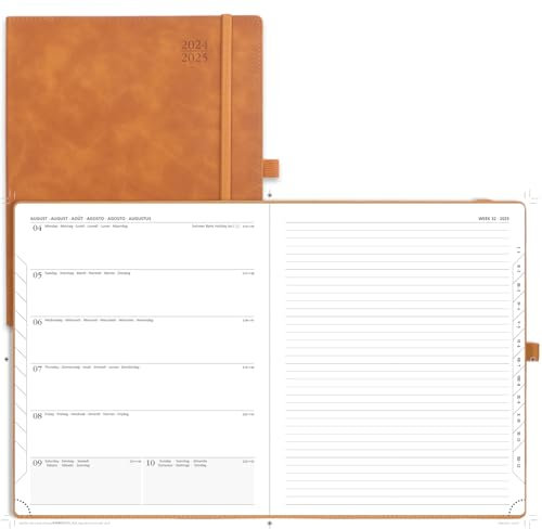 POPRUN Kalender 2025 2026 Buchkalender Notizbuch (Aug.2025-Dez.2026), ca. A4 (26,5 x 21,5 cm), Terminplaner, Wochenplaner Softcover mit PU-Leder, Zertifiziertem Papier - Braun