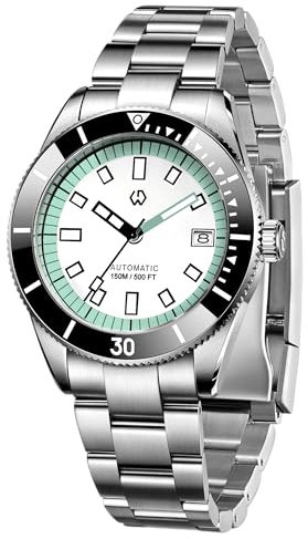 WISHDOIT Herrenuhr 15ATM Taucheruhr NH35 Uhrwerk Automatische Mechanische Armbanduhr Härte Saphirglas Bequemes Edelstahlband Super Leuchtende Uhr für Männer, Weiss/opulenter Garten, Modern