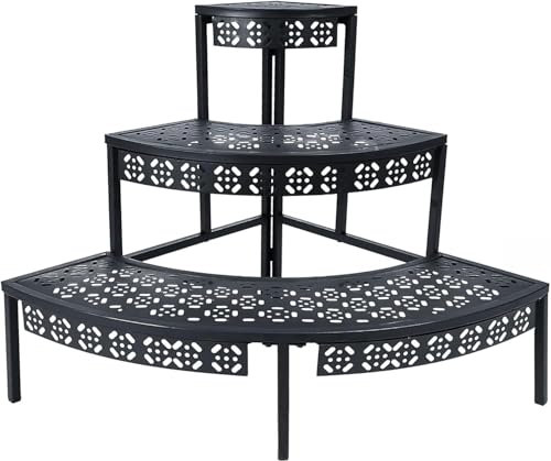 3 Stufen Metall Blumentreppe, Pflanzentreppe Blumenbank, Pflanzenregal Blumenregal, Pflanzenständer für Garten Balkon Indoor Outdoor, Multifunktionales Blumenregal mit Großer Kapazität, Rund, Schwarz