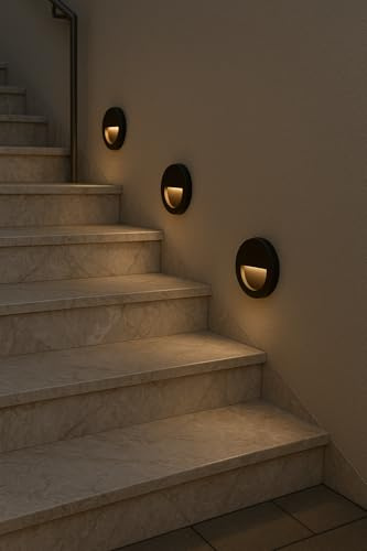 Braytron 3W LED Treppenlicht Treppenbeleuchtung Treppenleuchte Stufenlicht Stufen Leuchte Wandbeleuchtung Innen Außen IP65 Warmweiß Energieeffizient Wetterfest Modern Stufenbeleuchtung (Rund Schwarz)