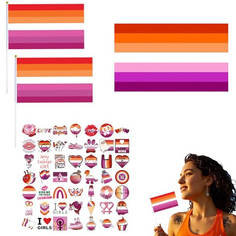 Set di adesivi e bandiere lesbiche - Bandiere arcobaleno per feste, supporto per la comunità LGBTQ+ - Adesivi e bandiere di alta qualità, 50 adesivi e 3 bandiere - Feste e decorazioni