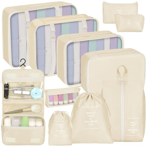 Coolzon Packing Cubes, Koffer Organizer Set mit 11 für Reise Wasserdicht Handgepäck Wäschesack Organizer für Schuhbeutel, Beige