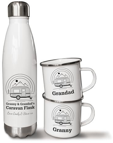 Personalised 500ml Thermal Flask and Enamel Mugs. Caravan Mug and Flask Set. Outdoor Adventure Gifts
