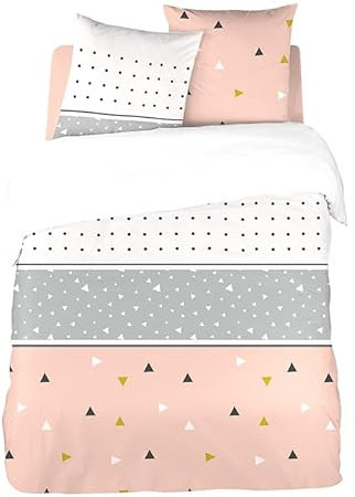 Parure de lit 220x240 cm Adulte en Microfibre géométrique- Housse de Couette 220x240 cm + 2 Taies d'oreiller 63x63 cm scandinave Rose, Gris et Blanc – Set de Housse de Couette en Microfibre