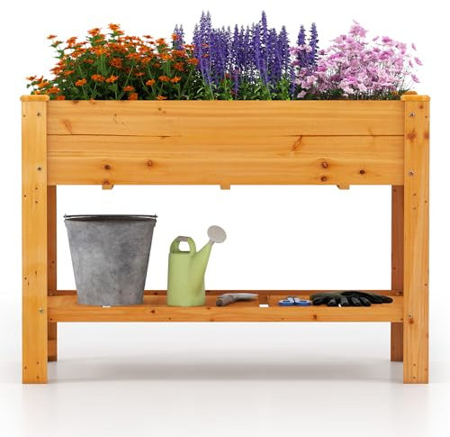 COSTWAY Jardinière Surélevé en Bois avec Trou de Drainage, Lit de Jardin avec Pieds et Étagère, Bac de Culture pour Plantes Fleurs Végétaux, pour Patio Terrasse Jardin, 120 x 60 x 81 cm (Marron)