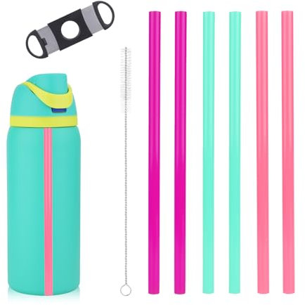 BOXOB 6pcs Replacement Straws with Scale for Owala FreeSip Water Bottles 14/16/19/24/32/40oz, Colored Plastic Reusable Tumbler Straw with Cleaning Brush & Cutting Tool