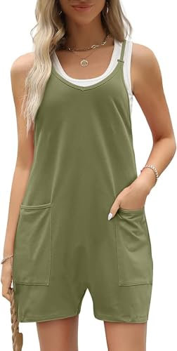 Pdodo - Salopette da donna corte estive, senza maniche, con spalline e tasche, gamba larga, casual, playsuit, Verde militare corto, M