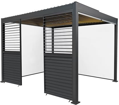 Metal Pergola 3m x 3m Anthracite Grey With 3 Retractable White Mesh Blinds 2 x Louvre Side Panels & LED Lights Tilting Canopy Roof Aluminium Outdoor Garden Gazebo Shelter Tools & Ground Bolts Included