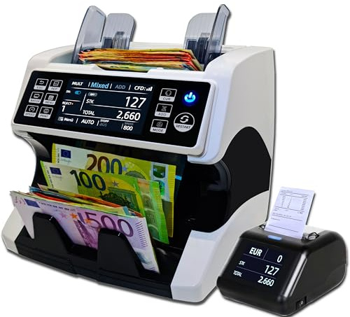 BEITZ BS-920A Geldzählmaschine mit BS-P30 Thermodrucker | Profi-Geldzählmaschine mit Drucker | Wertzähler & 9- facher Falschgeldprüfer | MIX-Zählung | EZB-getestet | Banknotenzähler mit Zählprotokoll
