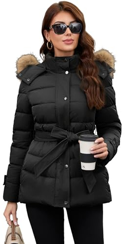 PAPILLON D'OR Damen Mittellanger Puffermantel mit Gürtel, abnehmbarer Kunstfellkragen und Kapuze, Fleecetaschen, Doppelverschluss, Winterjacke