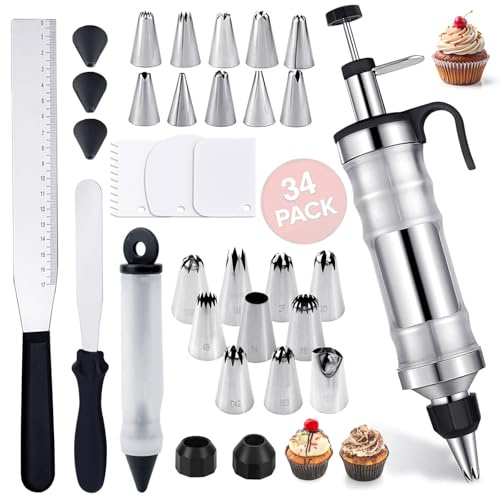 34 Teiliges Set Tortenspritze Garnierspritze aus Edelstahl, Tortenspritze Edelstahl, Kuchenspritze Wiederverwendbarer, Profi Sahnespritze für Kuchen Cupcakes Cookies Gebäck Decoration