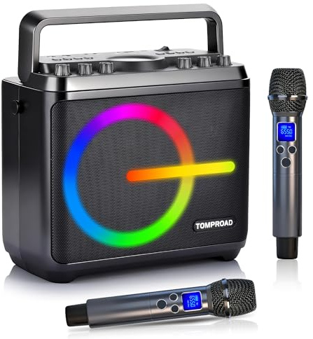 Karaoke Machine, Bluetooth Speaker with 2 Wireless Microphones, Portable Voice Amplifier PA System for Adults Kids with LED Lights Support Bass/Treble Adjustment, TF Card/USB, REC for Home Party
