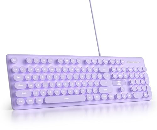 Vumilstek Wired Retro Typewriter Keyboard, American QWERTY Quiet Computer Keyboard with Full Size 104 Round Keys White LED Backlit Slim Silent for Windows PC Laptop(Purple)