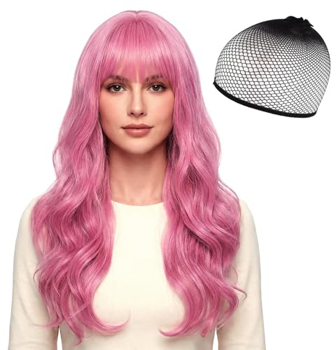 HTTDSLF 66 cm Largo Pelucas Onduladas Con Flequillo Lacio, Pelucas Largas en Tonos Rosa para Mujer, para Uso Diario Fiestas y Cosplay, Halloween