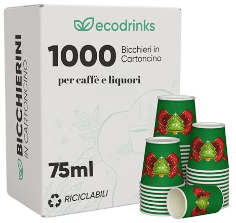 ecodrinks - 1000 Bicchieri di Natale in Carta da 75ml - Set Bicchieri Natalizi Monouso per Bevande Calde/Fredde - Biodegradabili, Eco-friendly e Made in Italy