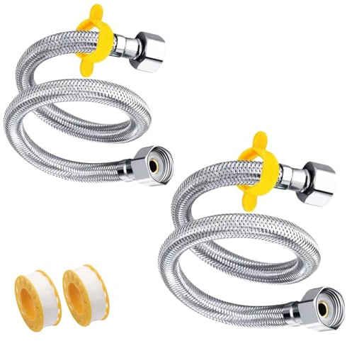 Pack of 2, 1/2 x 1/2 BSP Stainless Steel Braided Flexible Hose with Stainless Steel Caps, 40 cm (15.75 in) for Toilet, Bathroom, Kitchen Sink Taps Connector