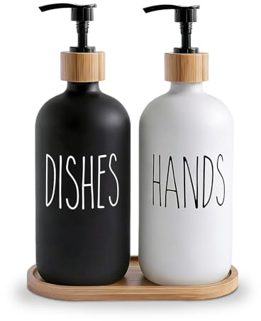 2 Pack 500ml Black & White Glass Soap Dispensers with Bamboo Tray - Refillable Hand & Dish Soap Dispenser Set for Kitchen Countertop and Bathroom, Shampoo Lotion Bottles with Pump