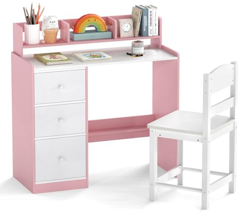 COSTWAY Kids Desk and Chair Set, Wooden Student Study Table with 3 Drawers, Hutch & Storage Shelf, Children Writing Table Chair Set for for Boys Girls (Pink+White)