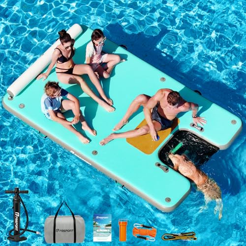 FBSPORT Aufblasbare Schwimmplattform mit Hunderampe, rutschfeste Luft-Schwimmplattform mit Wasserleiter und Kopfstütze, Aufblasbare Wasserinsel für Pool, See, Strand und Meer