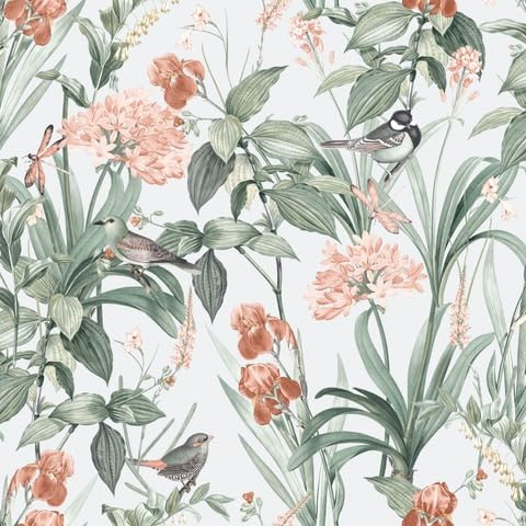 Hexoa Papier Peint Jardin Fleuri Oiseaux Fond Bleu Glacier - Made in France - 53x1000