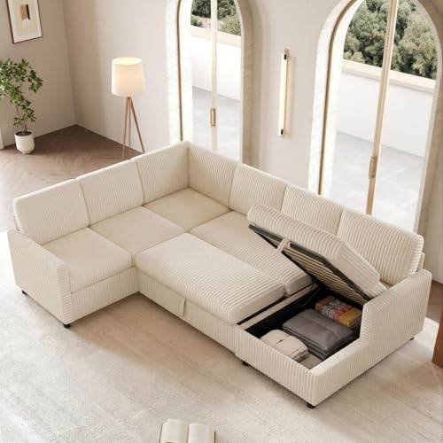 Merax Cord Ecksofa mit Schlaffunktion & Bettkasten, XXL U-Form Schlafsofa ausziehbar mit Stauraum-Chaiselongue, Gemütliche Wohnlandschaft, Big Sofa, Cordstoff Couch für Wohnzimmer, Beige