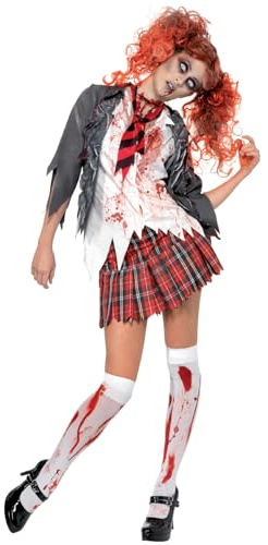 Smiffys High School Horror Zombie Schoolgirl Costume - Grey Jacket, Attached Shirt, Tie & Skirt - Halloween Fancy Dress